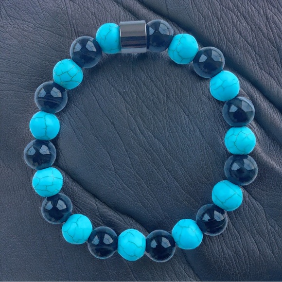 “Midnight Tide” Unisex Beaded Bracelet (Blue Howlite and Black Onyx) 10mm Beads - Picture 1 of 2